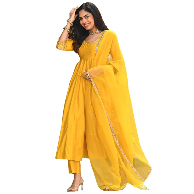GoSriKi Women's Rayon Blend Anarkali Solid Kurta with Pant & Dupatta (SITAPATI Yellow-GS_3XL_Yellow_XXX-Large)